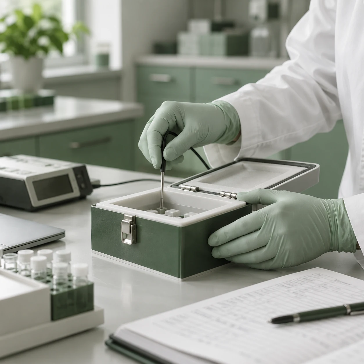 Kalite kontrol sırasında ölçüm probunun test düzeneğine yerleştirilmesi