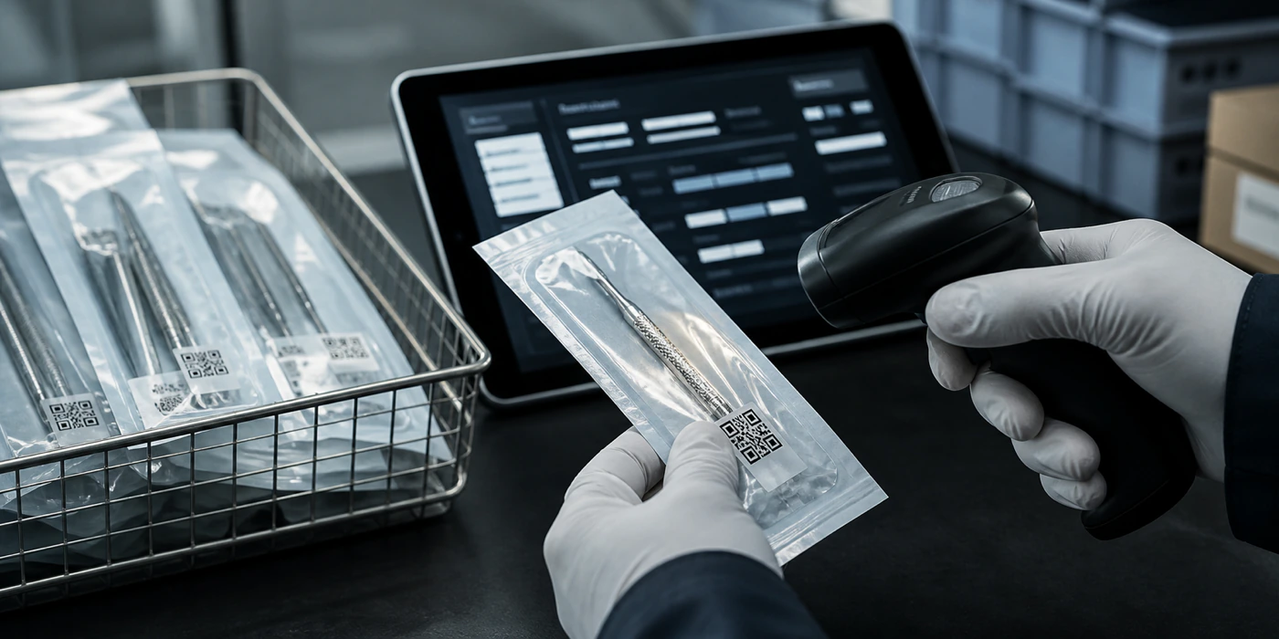 ÜTS kayıtları için barkodlu steril ürünleri tablet ve barkod okuyucuyla kaydeden el