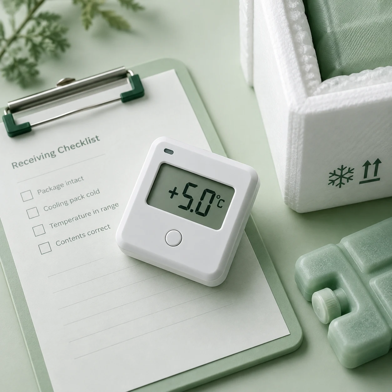 Teslim alma kontrol formu üzerinde +5°C gösteren sıcaklık kayıt cihazı ve yeşil buz aküsü