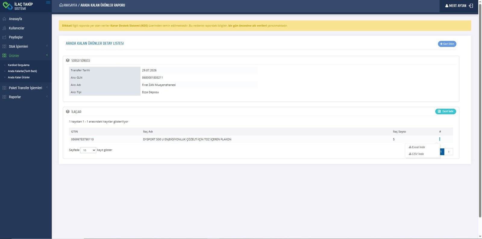 CSV Dosyasını İndirme — İTS ekran görüntüsü